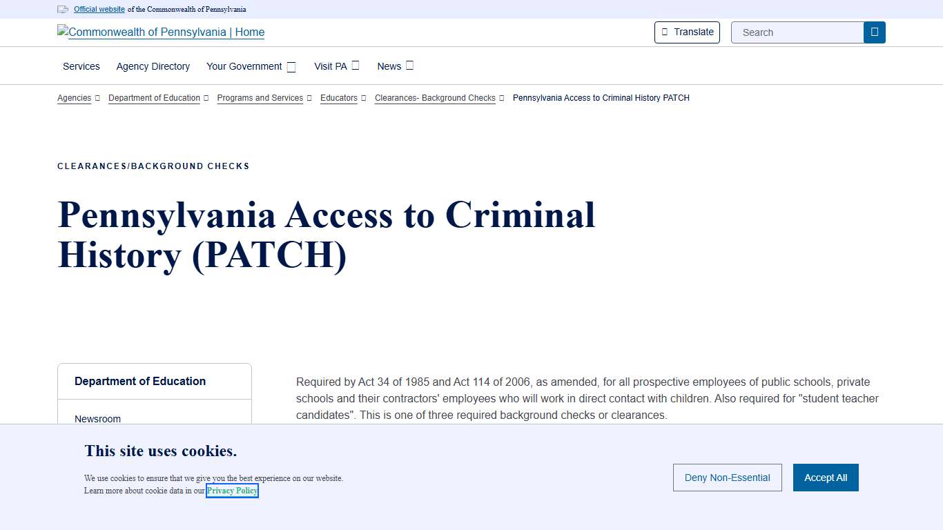 Pennsylvania Access to Criminal History PATCH Department of Education Commonwealth of Pennsylvania